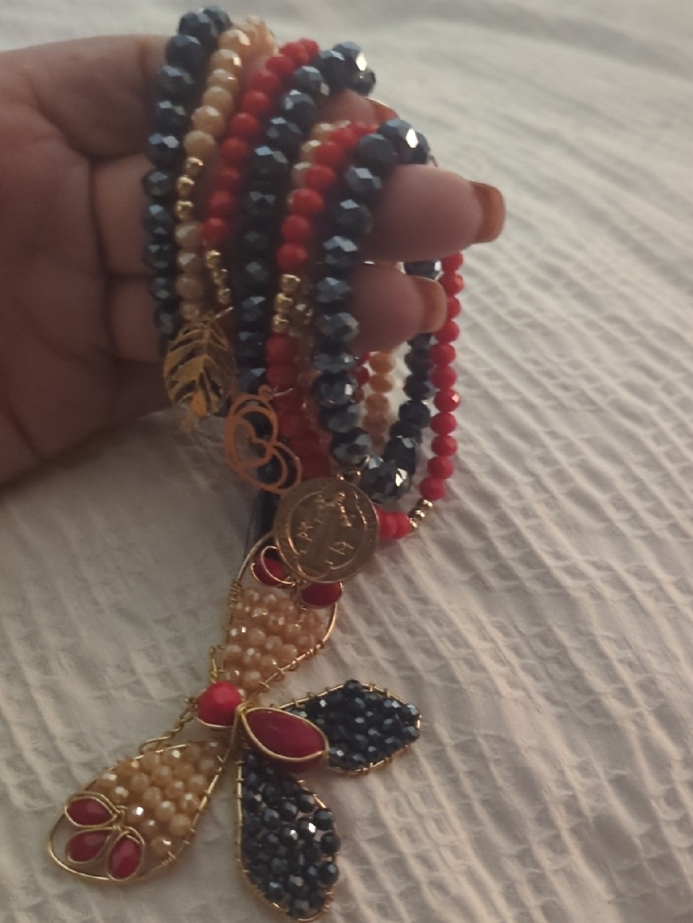 Gold-Tone Red, Navy & Cream Beaded Multi-Strand Bracelet
